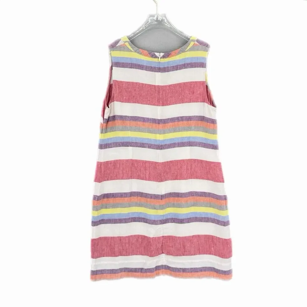 Boden White Multi Color Striped 100% Linen V-neck Sleeveless Shift Summer Dress